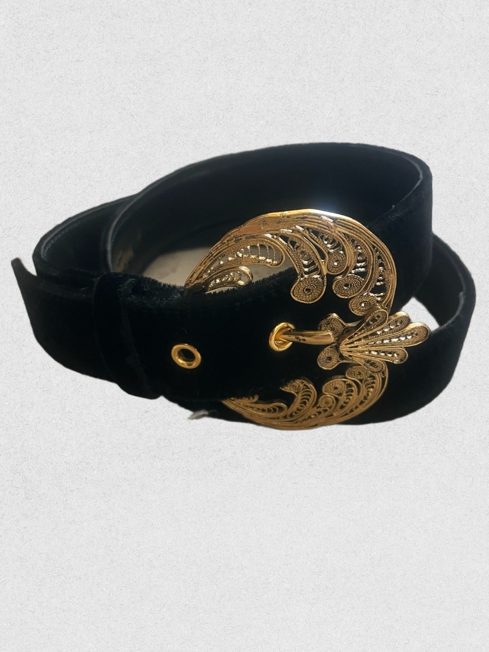1970s Yves Saint Laurent.Black Velvet Belt with Ornate Gold Buckle